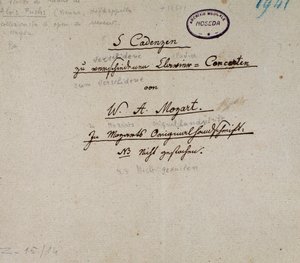 Første side av et manuskript med 5 kadenser for piano av Mozart (manuskript av Unknown artist