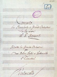 Første side med noteark til konsert for piano og stort orkester i d-moll av Mozart, Lichtenthal-versjon (1800-tallet) av Unknown artist