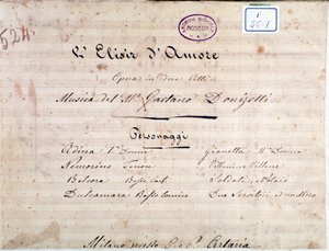 Første side med noteark til The elixir of love, opera av Gaetano Donizetti av Unknown artist