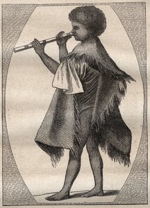 Første reise (1768-1771) av kaptein James Cook (1728-1779): Tahitisk fløytespiller - illustrasjon hentet fra "" The Great Mariners of the 18th century"" av Unknown artist
