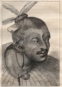 Første reise (1768–1771) til kaptein James Cook (1728–1779): tatovert hode til en Neo-Zelandais (Neo Zelandais) - illustrasjon hentet fra “The Great Mariners of the 18th century”” av Unknown artist