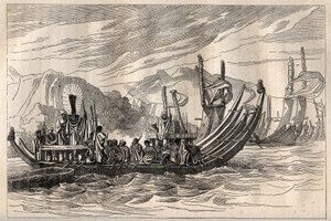 Første reise (1768-1771) til kaptein James Cook (1728-1779): Tahiti-flåten samlet i Oparee - illustrasjon hentet fra "The Great Mariners of the 18th century"" av Unknown artist