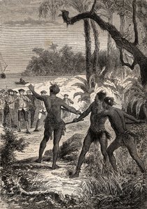 Første reise (1768-1771) til kaptein James Cook (1728-1779): mens Cook og ti sjømenn seiler på meridionalkysten av New Guinee, reiste tre indianere seg ut av skogen med store skrik - illustrasjon hentet fra "The Great Mariners of det 18. århundre"" av Unknown artist