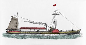 Første seilas av dampbåten "Clermont" av Robert Fulton (1765-1815), amerikansk ingeniør på Hudson River, USA av Unknown artist