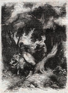 Flight of Angelica (Angelica) during the battle - engraving of 1851 from “” Furious Roland”” (Orlando furioso) (16th century) by Ludovico Ariosto, known as the Ariosta - Edition translated from Italian by the Count of Tressan and published by Gustave Harva av Unknown artist