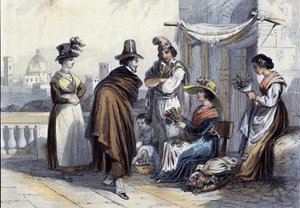 Blomsterhandler i Firenze. Litografi rundt 1820 av Unknown artist