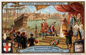 Blomstrende byer i middelalderen: mottakelse av Francis Drake (1542-1596) i London (England), da han kom tilbake fra Sør-Amerika, 4. april av Unknown artist