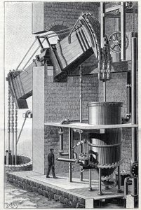 Former steam machine of Thomas Newcomen currently operating near Bristol in England. Engraving in “” La Nature”” av Unknown artist