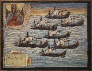 Tidligere voto (ex voto) sjømann, populært tilbud som et løfte om hengivenhet og takknemlighet for sjømannen som overlever til farene ved havet som kommer fra kirken til den hellige jomfru av Napoli-buen (Madonna dell