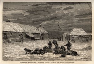 Fort Saint-Michel (Saint Michel), engelsk besittelse på den tiden, i Nortonbukta. Gravering for å illustrere reisen og eventyrene i engelsk Colombia, Vancouver Island og Alaska, av Frederick Whymper av Unknown artist
