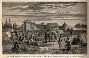 Fort Youkon, i Gulf of Norton, Alaska, grunnlagt i 1847, en etablering av Hudson Bay Company, indianere slo leir rundt palisadene. Gravering for å illustrere reisen og eventyrene i engelsk Colombia, Vancouver Island og Alaska, av Frederick av Unknown artist