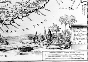 Francisco Pizarro (i fr. Francois Pizarre) representert på et kart over Peru. 17. århundre. av Unknown artist