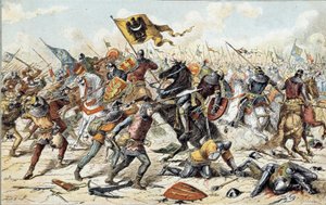 Fransk-engelsk krig (1202-1214): slaget ved Bouvines 27.07.1214 mellom den franske hæren til Philippe Auguste og flamske og velver fra Othon IV. Den franske seieren var avgjørende for krigens utfall. 1800-tallet. Paris, Musee de l