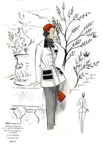 Fransk mote, antrekksdesign i ull. av Unknown artist