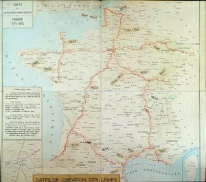Fransk geografisk kart som viser lufttelegrafiske linjer. Begynnelsen av 1800-tallet. Paris, Musee de la Poste av Unknown artist