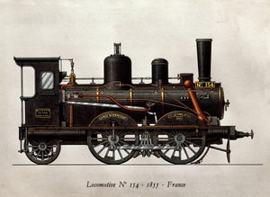 Fransk tog: Lokomotiv Numero 154 av 1855. Gravering. Paris, dekorativ kunst av Unknown artist