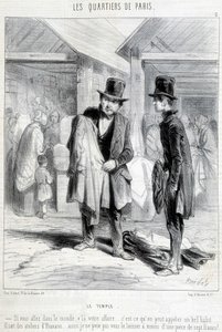 Fripier fra tempeldistriktet i Paris prøver å selge klær til en mann. Gravering av 1800-tallet. av Unknown artist