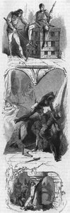 Fra topp til bunn: Hertugen av Alencon omslutter i et jernbur (1481), Greven av Armagnac slår under øynene til sin kone (1473) og hertugen av Nemours tortur (1477). Gravering av 1800-tallet. av Unknown artist