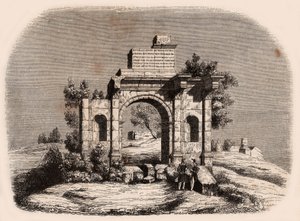 Forfra av den romerske buen til Djemilah i Algerie: to franske soldater poserer foran ruinene av Unknown