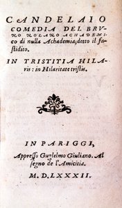 Frontispice av "" Il candelaio"" (Lysestaken) av Giordano Bruno (1546-1600), italiensk filosof og teolog. 1582 av Unknown artist