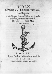 Frontispice of Index Librorum Prohibitorum (Indeks over forbudte bøker eller Index Exurgatorius) utgitt i Roma i 1564. Han lister opp bøker som romersk-katolikker ikke fikk lese. av Unknown artist