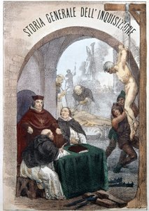 Frontispice of The General History of the Inquisition av Pietro Tamburini med en illustrasjon som viser scener med symbolsk inkvisisjon. Milano 1850. av Unknown artist