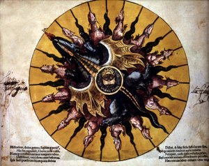 Frontispice som representerer en sol - i "Astronomicum Caesarium", avhandling om astronomi om teorien om Ptolemeus, av P. Apiano. av Unknown artist