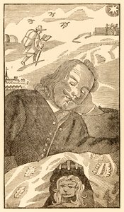 Frontispice fra The Pilgrims Progress From This World, To That What Is To Come av John Bunyan (1628-1688) som viser forfatteren som drømmer om pilgrimen Christian tynget av kunnskapen om sin synd av Unknown