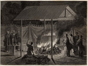 Begravelsesseremonier: rituell forbrenning. Gravering for å illustrere reisen til Japan i 1863-1864, av Aime Humbert, minister for det sveitsiske konføderasjonen, i "Le tour du monde, nouveau journal des voyages", utgitt under ledelse av Edouard Charton av Unknown artist