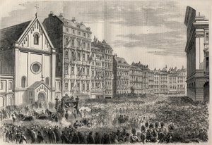 Begravelse til keiser Maximilian I av Mexico (1832-1867): ankomst av begravelsescortesjen foran Capuchins Church of Vienna. Gravering i "" L