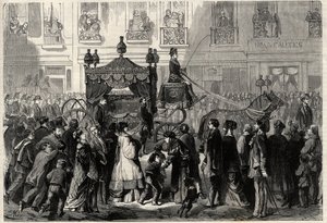 Funerary Cortege under obseques av Gioacchino (Gioachino) Rossini (1799-1868) i Paris. Gravering i "The Universe illustrious" av Unknown artist