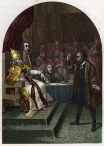 Galilee (or Galileo Galilei (1564-1642) before Pope Urban VIII in 1633. (Urbano 8 Maffeo Barberini) Engraving of 1842 in “Histoire des popes”” by Maurice Lachatre. Private collection. av Unknown artist