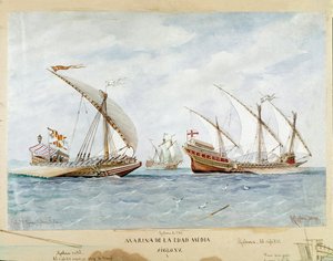 Bysse og galion fra 1400-tallet (Akvarell av Unknown artist