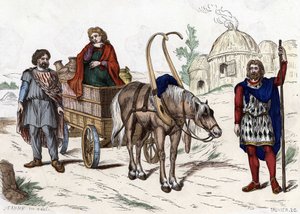 Gallic housing, woman, peasant, chariot, rich farmer, harness - in “” Les Costumes civil et militaires des Français dans travers les siècles Paris F. Roy 1882””. av Unknown artist