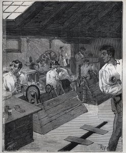 Galvanisk forgylling: skrape-boessage av gullsmykker med en skrape-boesse. Gravering fra 1885 i "" Les arts et metiers illustres"" av Adolphe BITARD. av Unknown artist