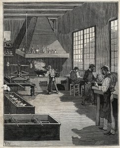 Galvanisk gullsmed: tilberedning av former. Gravering fra 1885 i "" Les arts et metiers illustres"" av Adolphe BITARD. av Unknown artist