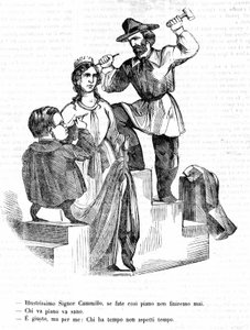 Garibaldi: Mr. Camillo (Cavour), hvis du går så sakte, blir vi aldri ferdige Cavour: Hvem går sakte går langt Garibaldi: Det stemmer, men hvem som har tid, ikke vent på tid. Satirisk gravering av Il Fischietto av Unknown artist