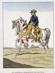 General Bonaparte i Egypt, et portrett som rir foran pyramidene og sfinxen. av Unknown artist