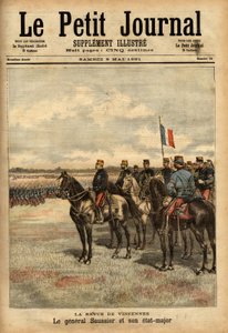 General Felix Gustave (Felix-Gustave) Saussier (1828-1905) og hans stab gjennomgikk troppene ved Vincennes. Gravering i "" Le petit journal illustrious"" 09/05/1891. Selvas samling. av Unknown artist