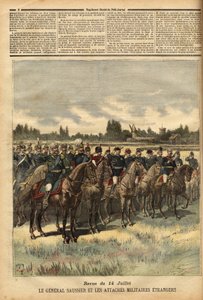 General Felix Gustave (Felix-Gustave) Saussier (1828-1905), militærguvernør i Paris siden 1884, omringet utenlandske militære bånd, gjennomgikk troppene under køen 14. juli 1891 på sletten Bois de Boulogne. Gravering i "" Le petit journ av Unknown artist