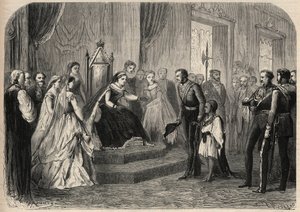 General Robert Cornelis (Cornelius) Napier (1810-1890) introduserte Leul Alemayehou Tewodros (1861-1879), sønn av den etiopiske negus Theodoros II (Tewodros), for dronning Victoria Iere (1819-1901). Gravering i "The Illustrious Universe" av Unknown artist