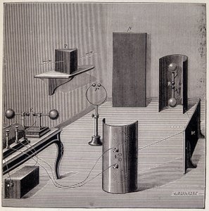 Generell layout av eksperimentene til Heinrich Hertz (1857-1894) på elektriske bølger - i "" Physique populaire" av Emile Desbeaux, Flammarion av Unknown artist