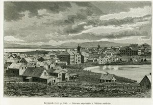 Generell utsikt over Reykjavik. Gravering for å illustrere historien Den nye ekspedisjonen til professor Nils Adolf Erik (Eric) Baron Nordenskjold (Nordenskiold) (1832-1901) på Grønland, av Charles Rabot, i tour du monde 1886, under ledelse av Edouard Char av Unknown artist
