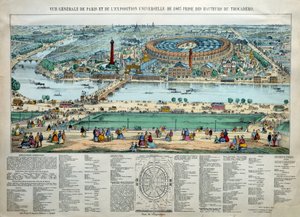 Generell oversikt over verdensutstillingen i 1867 i Paris. Nederst: parken til militærskolen til Champ de Mars. Gravering Paris, Musee Carnavalet av Unknown artist