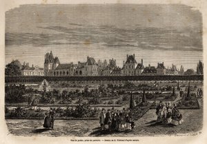 Generell utsikt over palasset og hagen til Fontainebleau, tatt fra gulvet. Gravering for å illustrere en beskrivelse av slottet og skogen i Fontainebleau, i 1867, av M.Pays, i "Le tour du monde, nouveau journal des voyages"" publisert under dire av Unknown artist