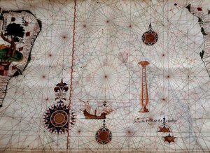 Geografi: detalj av et navigasjonskart over Luis Lazare (1500-tallet) som representerer øyene i Tristan da Cunha-skjærgården (eller Tristan d