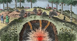 Geologi: kutte jordens bark som forklarer utgangen av ild fra jorden. Gravering fra "Mundi Mirabilis Oeconomia"" av Johann Zahn (1631-1707) av Unknown artist