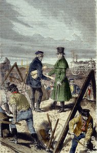 Georges Stephenson (1781-1848), engelsk ingeniør, byggherre av Liverpool Manchester Road med sitt første lokomotiv. av Unknown artist