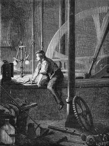 Georges Stephenson, en sjåførarbeider i Newcastle, demonterer og reparerer dampmaskinen hans. I” Album de la Science”, Éditions Jouvet av Unknown artist