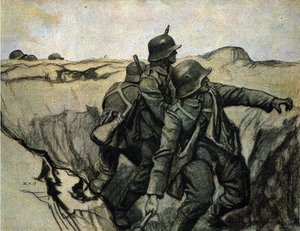 Tyske soldater kaster granater fra skyttergraver mot fiendens tropper. 26/5/1917. av Unknown Artist